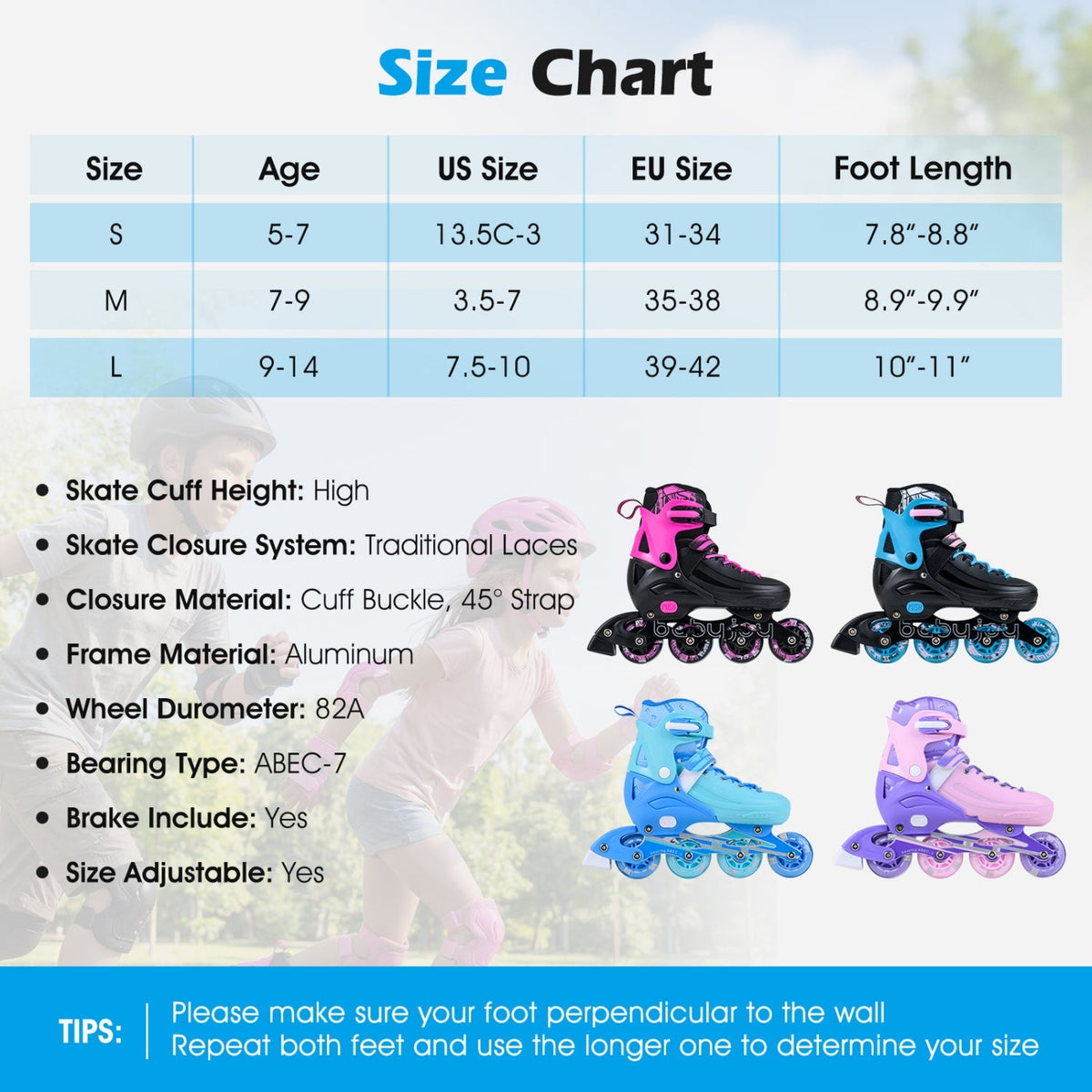 Adjustable Light-Up Kids Inline Skates Ages 9-14