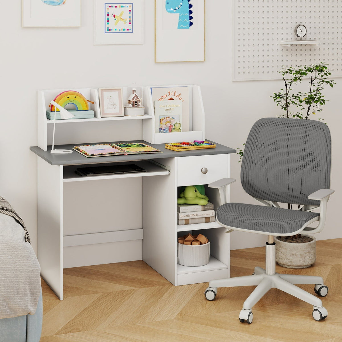 Kids Study Desk with Hutch, Drawer & Shelves